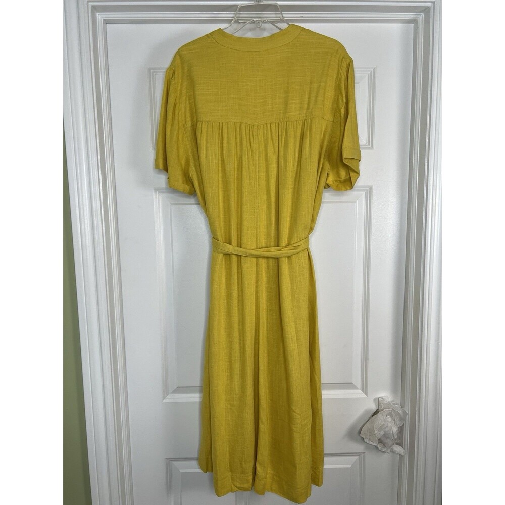J Jill Shirt Dress XL Yellow Linen Blend Button Front Waist Tie Coastal Resort - Picture 5 of 11